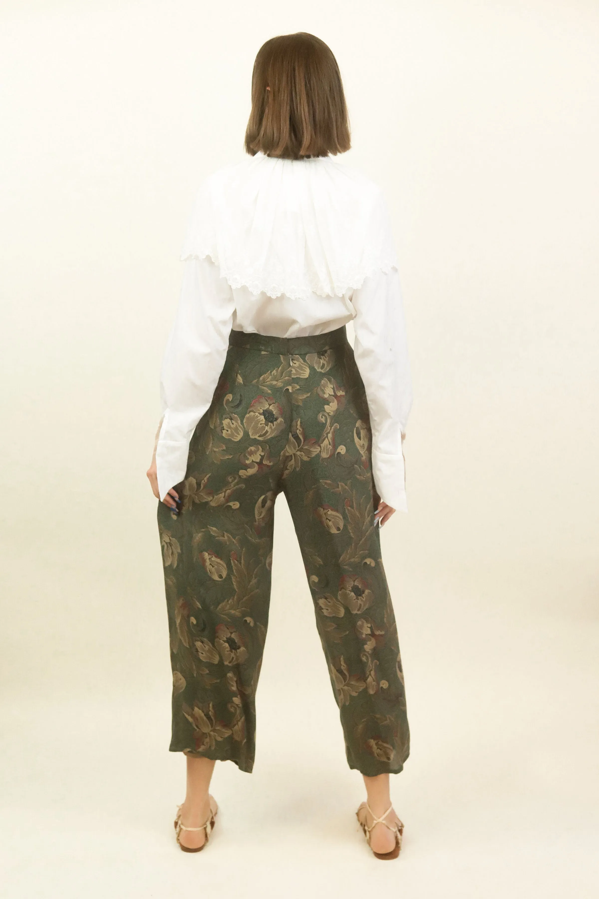 80's Olive Green Silk Floral Pants