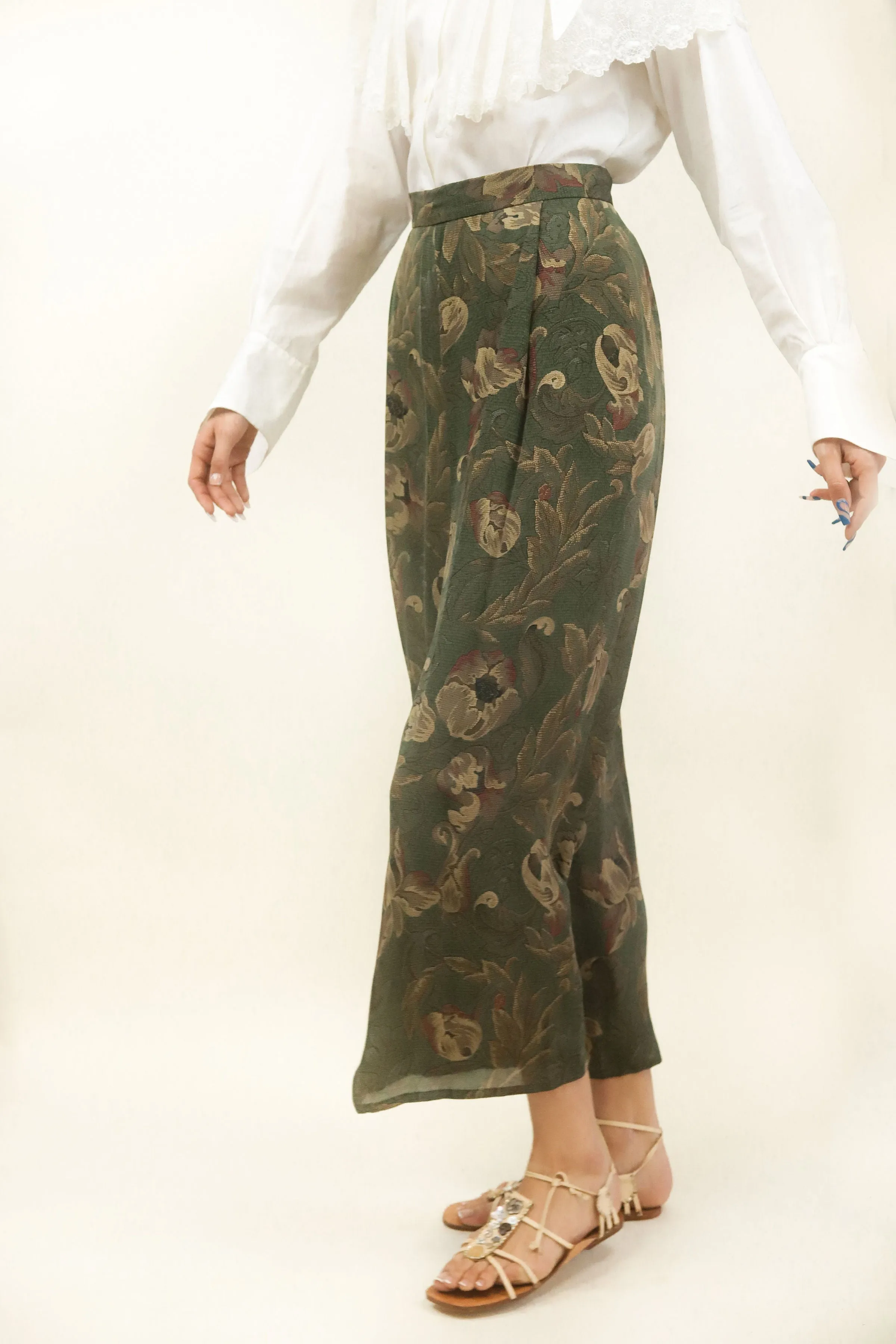 80's Olive Green Silk Floral Pants