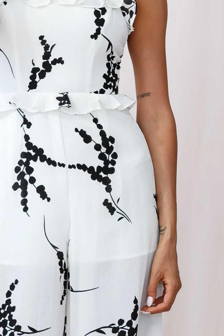 Azure Frill Strap Wide Leg Jumpsuit Floral Print White
