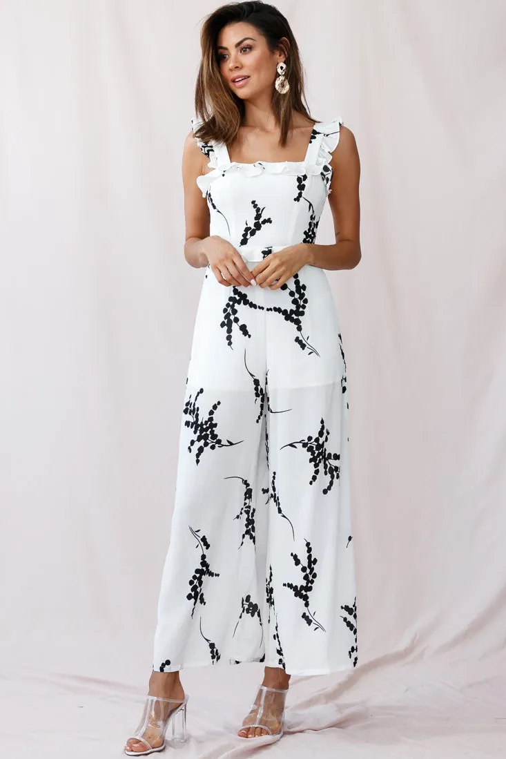 Azure Frill Strap Wide Leg Jumpsuit Floral Print White