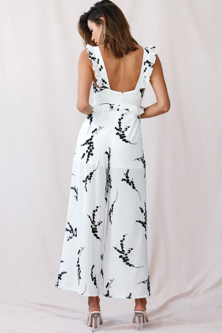 Azure Frill Strap Wide Leg Jumpsuit Floral Print White