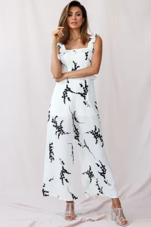 Azure Frill Strap Wide Leg Jumpsuit Floral Print White