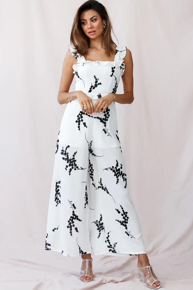 Azure Frill Strap Wide Leg Jumpsuit Floral Print White