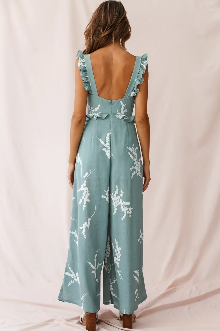 Azure Frill Strap Wide Leg Jumpsuit Sage