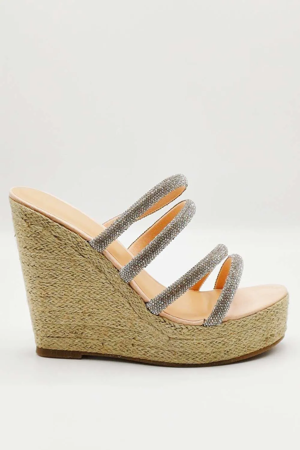 Cali Diamante Straps Espadrille Wedge Sandals in Silver