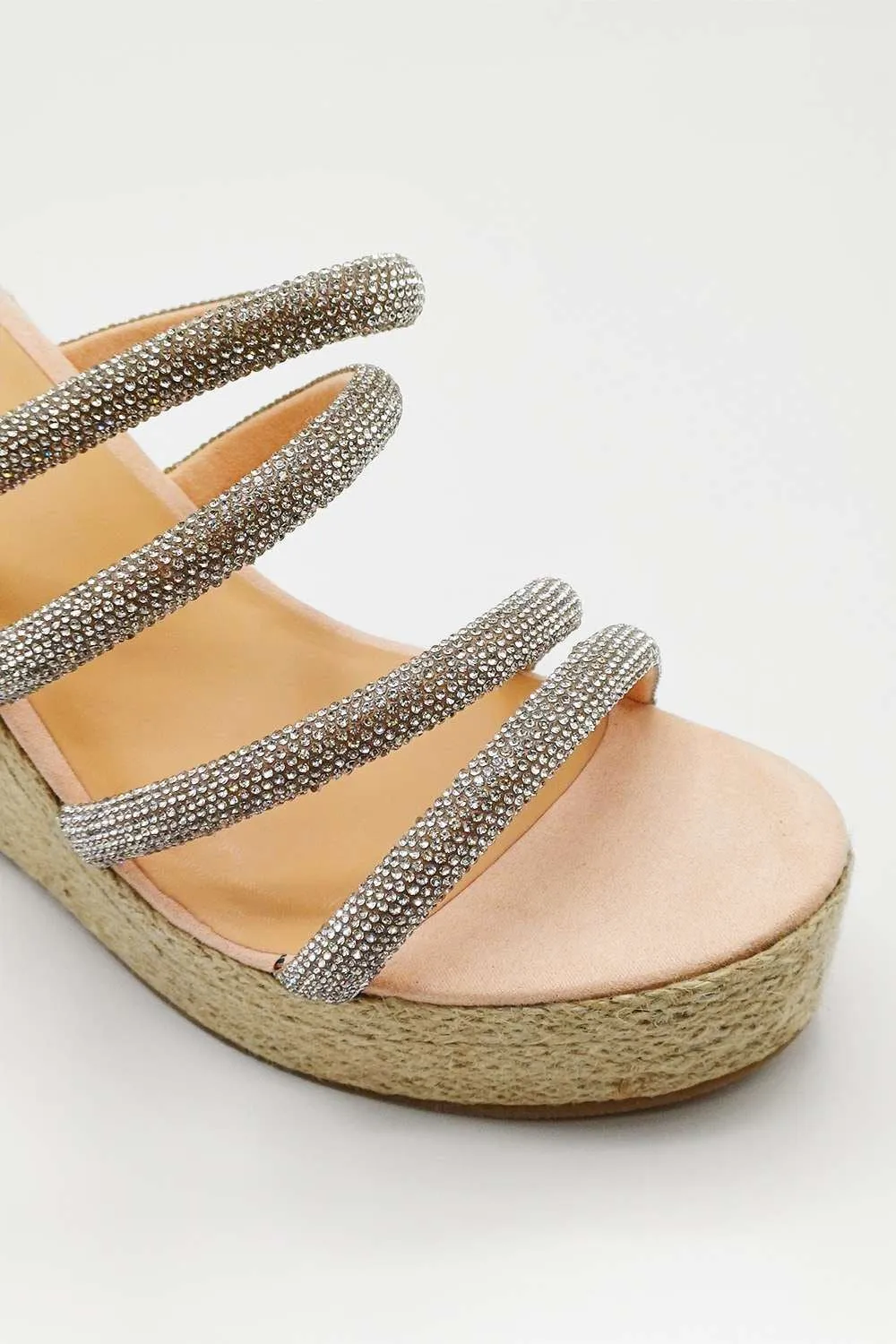 Cali Diamante Straps Espadrille Wedge Sandals in Silver