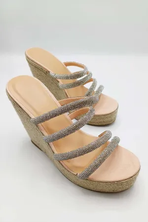 Cali Diamante Straps Espadrille Wedge Sandals in Silver