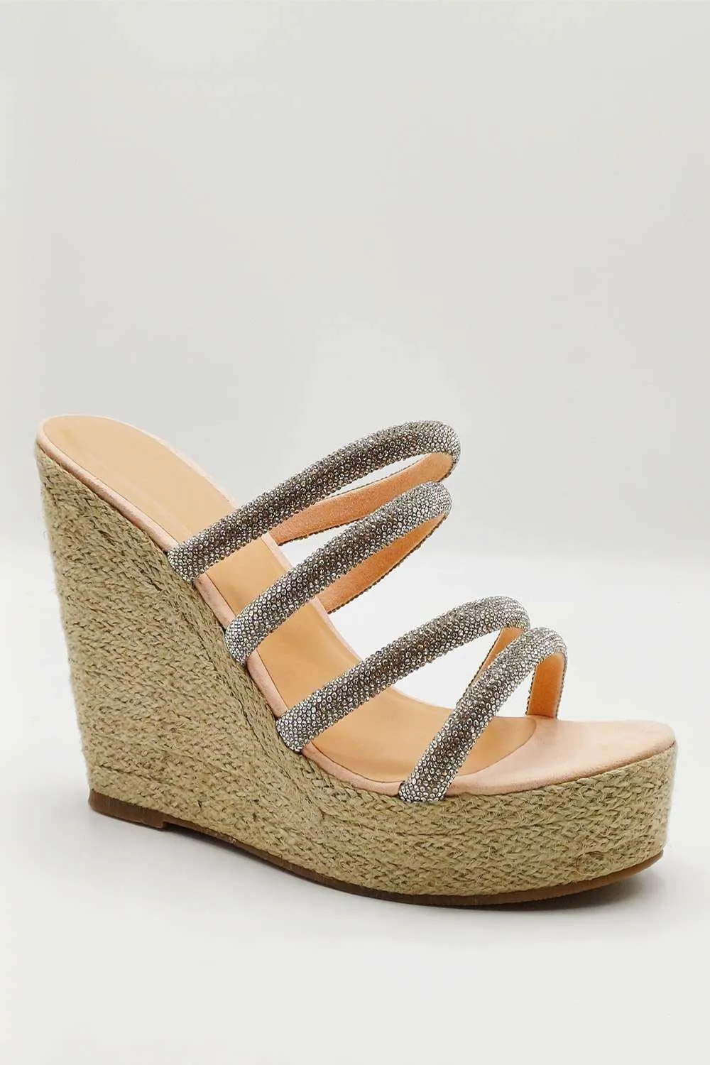 Cali Diamante Straps Espadrille Wedge Sandals in Silver