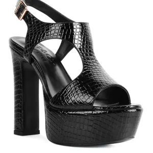 Croc High Heeled Cut Out Sandals In Black