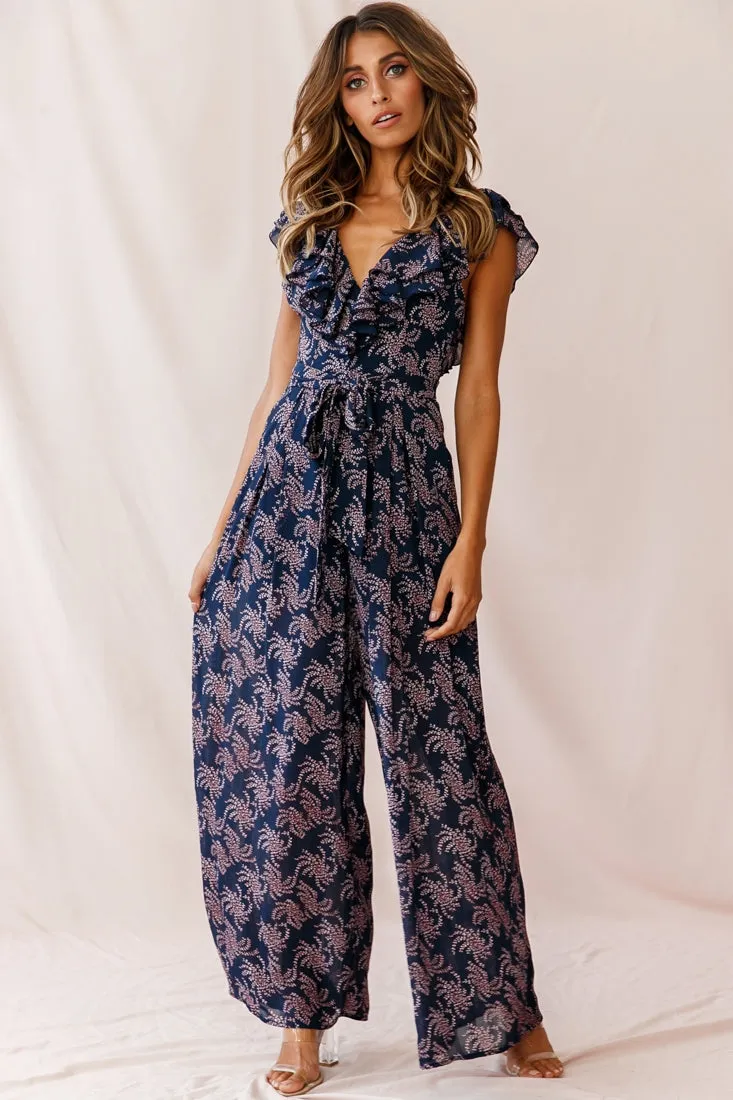 Marcia Ruffle Strap Wide Leg Jumpsuit Floral Print Navy/Pink