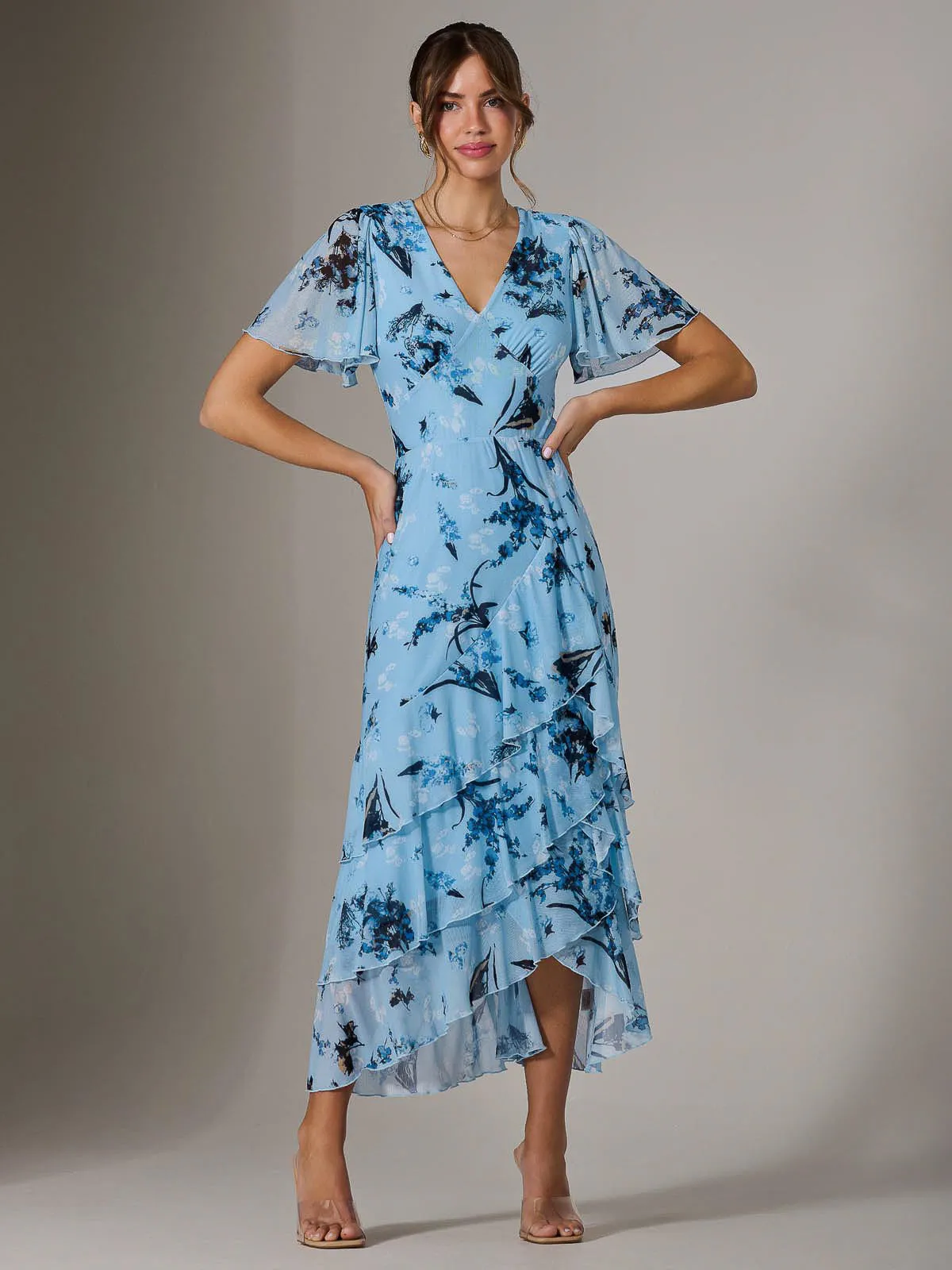 Mesh Print Frill Hem Midaxi Dress, Blue Floral