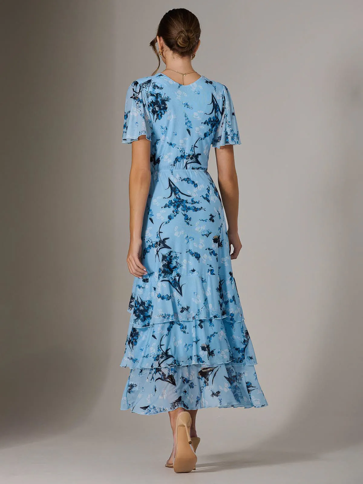 Mesh Print Frill Hem Midaxi Dress, Blue Floral