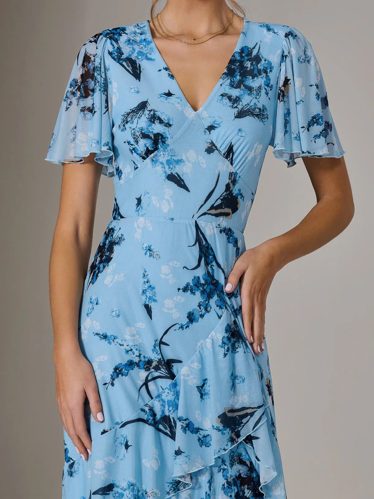 Mesh Print Frill Hem Midaxi Dress, Blue Floral