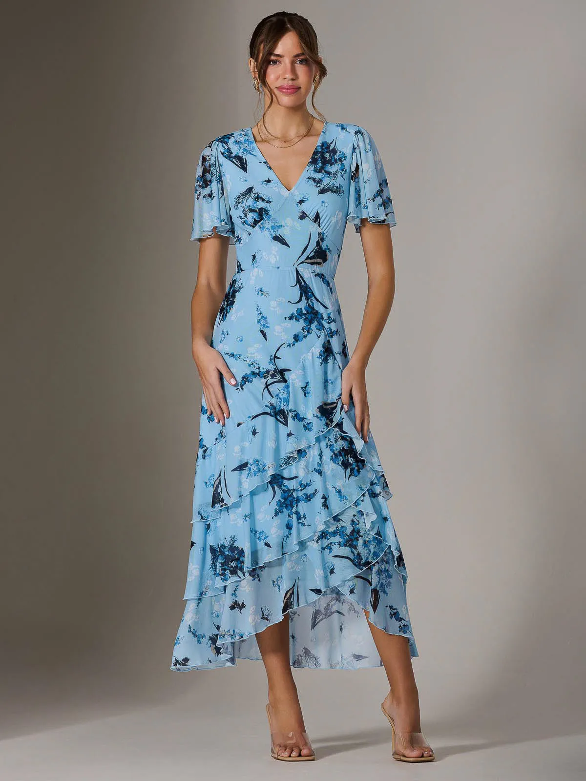Mesh Print Frill Hem Midaxi Dress, Blue Floral