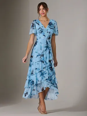 Mesh Print Frill Hem Midaxi Dress, Blue Floral