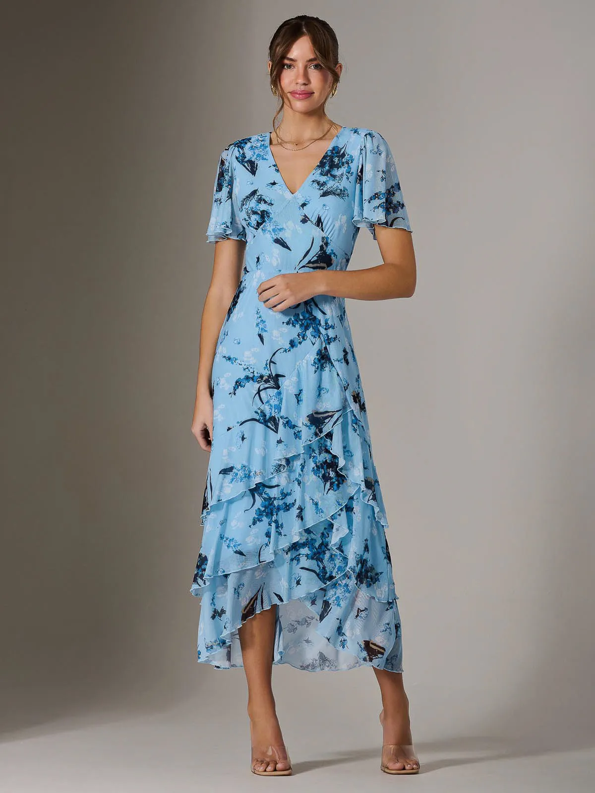 Mesh Print Frill Hem Midaxi Dress, Blue Floral