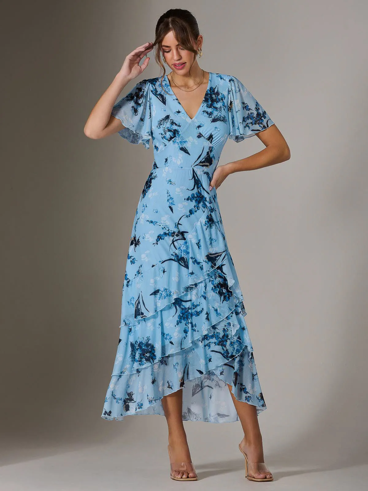 Mesh Print Frill Hem Midaxi Dress, Blue Floral