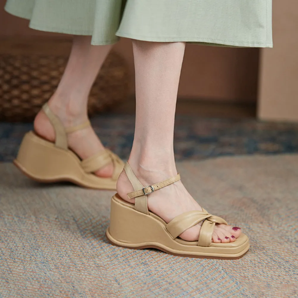 SQUARE TOE PLATFORM WEDGE HEEL SANDALS