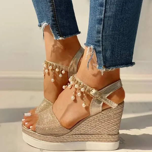 Women'S Beaded Stud Wedge Sandals 99257059C